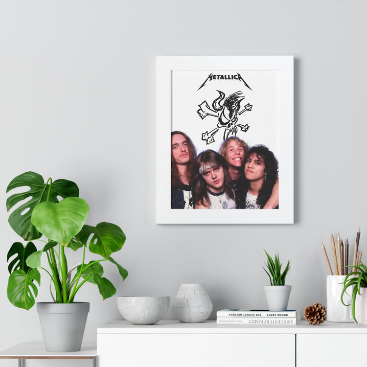 Framed portrait poster of Metallica Rock Band featuring the band's iconic logo and members in a dynamic pose, set against a dark, edgy background, perfect for rock music fans and collectors