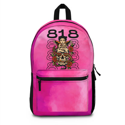 Backpack with 818 graphic lettering and a Skullhead design with a lady with wings in the bacground.  Comes in Pink and Blue